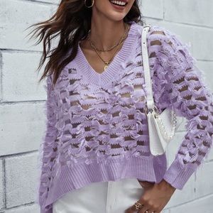 Shein V-Neck Drop Shoulder Distressed Sweater